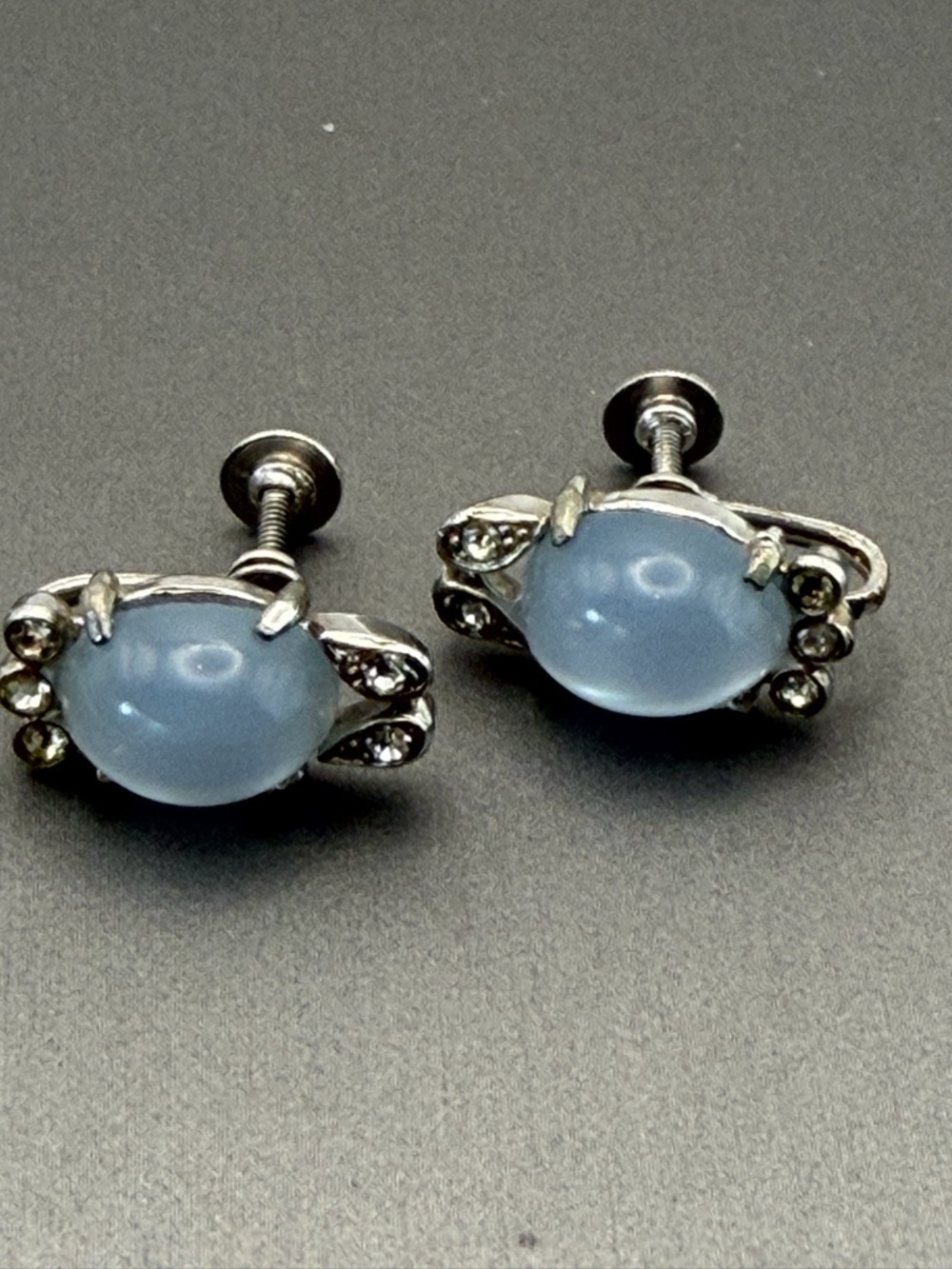 Coro Blue Cabochon Moonglow Screw-Back Earrings - Silver Tone Vintage